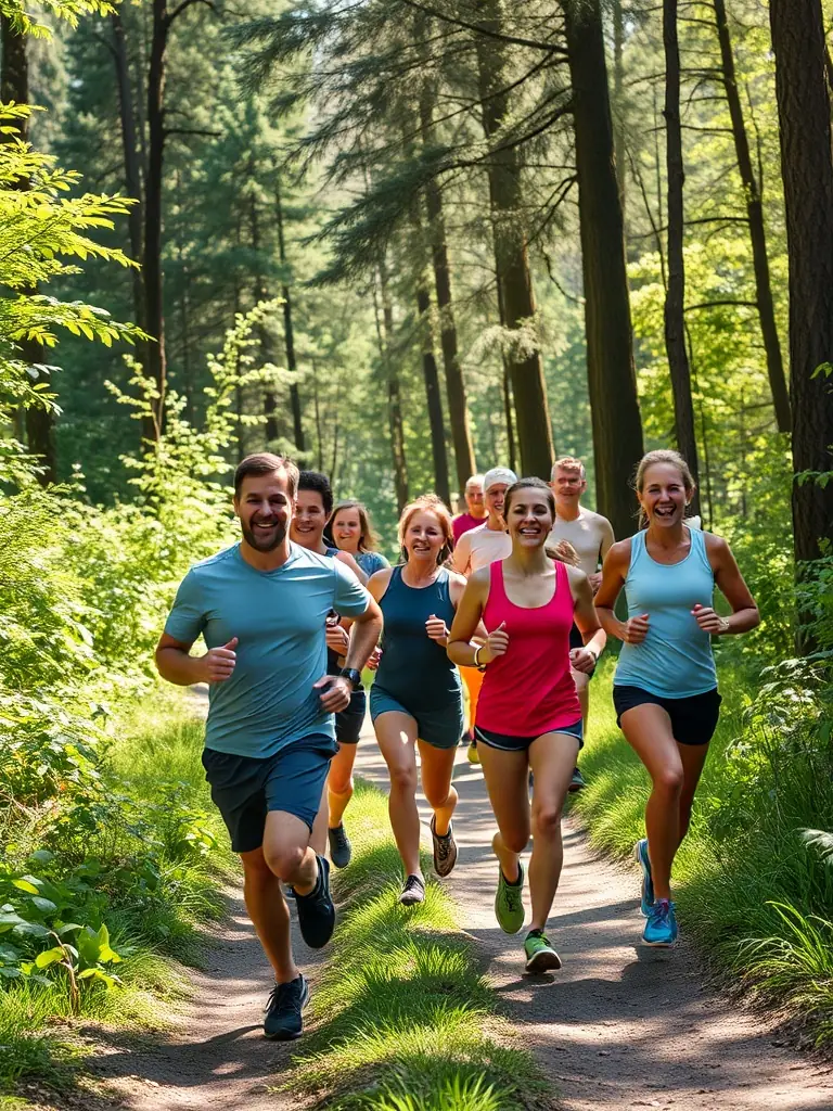 A vibrant photo of a diverse group of runners, men and women of all ages, jogging together on a sunlit forest trail, surrounded by lush greenery, representing inclusivity and community spirit.