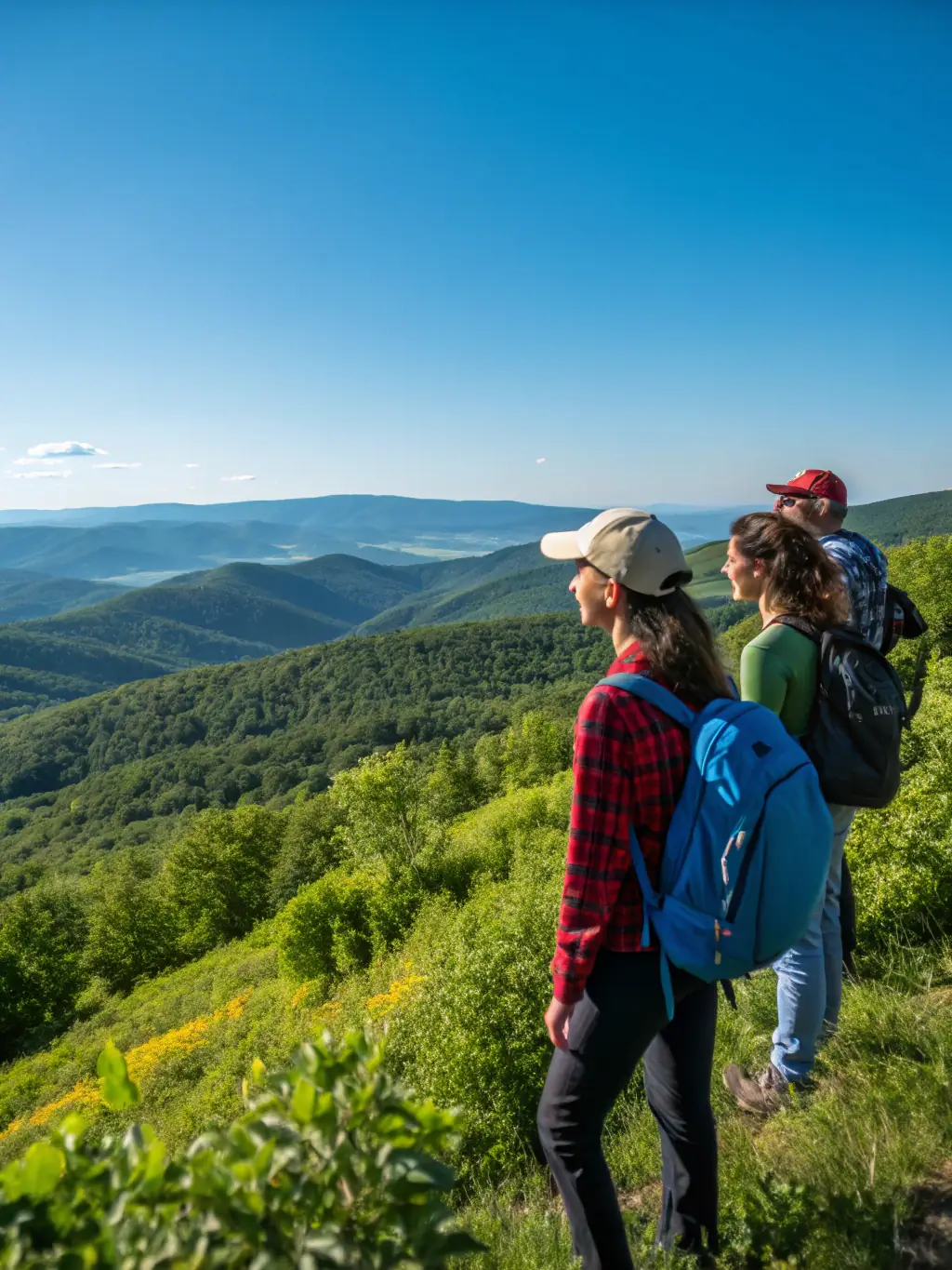 An inspiring image of a group hike at sunrise, participants pausing to admire a panoramic view over the Sologne countryside, symbolizing exploration and well-being.