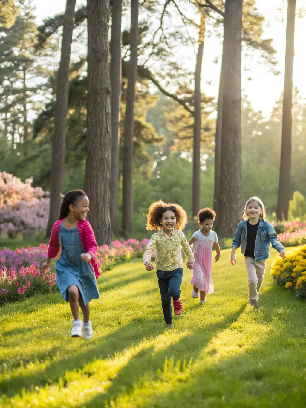 A dynamic shot of children and families playing outdoor games in a meadow, with colorful cones and markers, highlighting fun and intergenerational activity.
