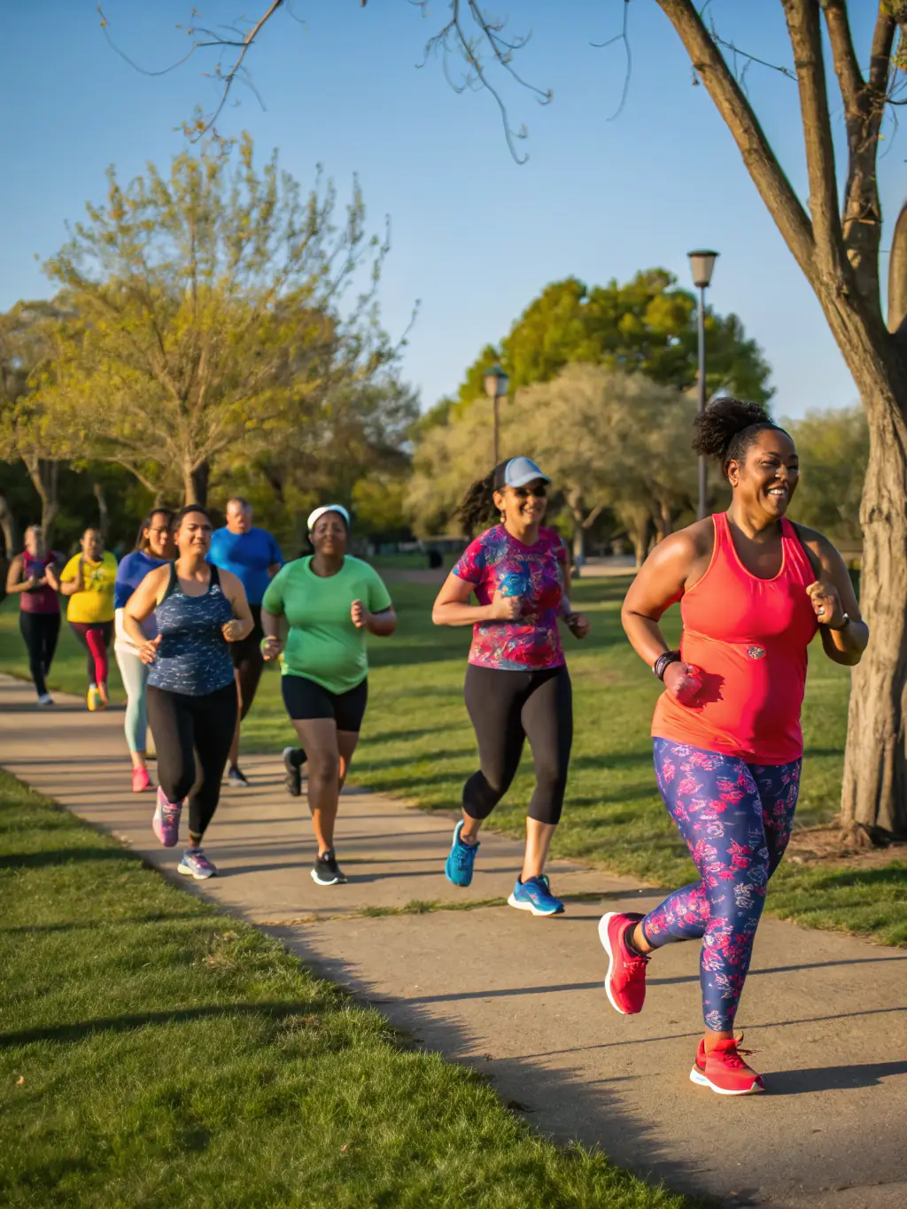 A group of diverse runners, including men and women of various ages, jogging together on a forest trail at sunrise, with lush greenery and soft morning light, representing a weekly group trail run organized by TRAIL RUNNING NEUVY.