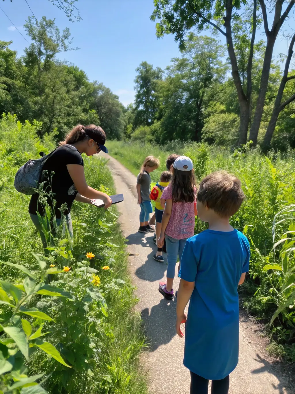 A group of children and families participating in a nature discovery walk, with educational signs and a guide pointing out local wildlife, highlighting a family-friendly outdoor activity.