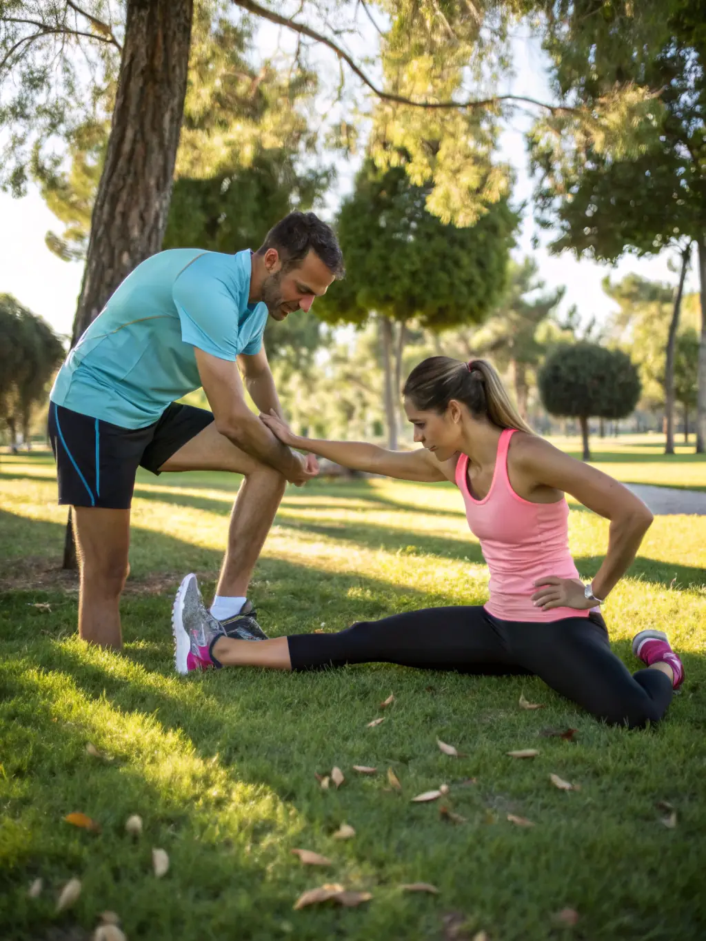 A coach leading a small group of runners through warm-up exercises in a clearing, with instructional gestures and attentive participants, illustrating a structured training session for beginners.