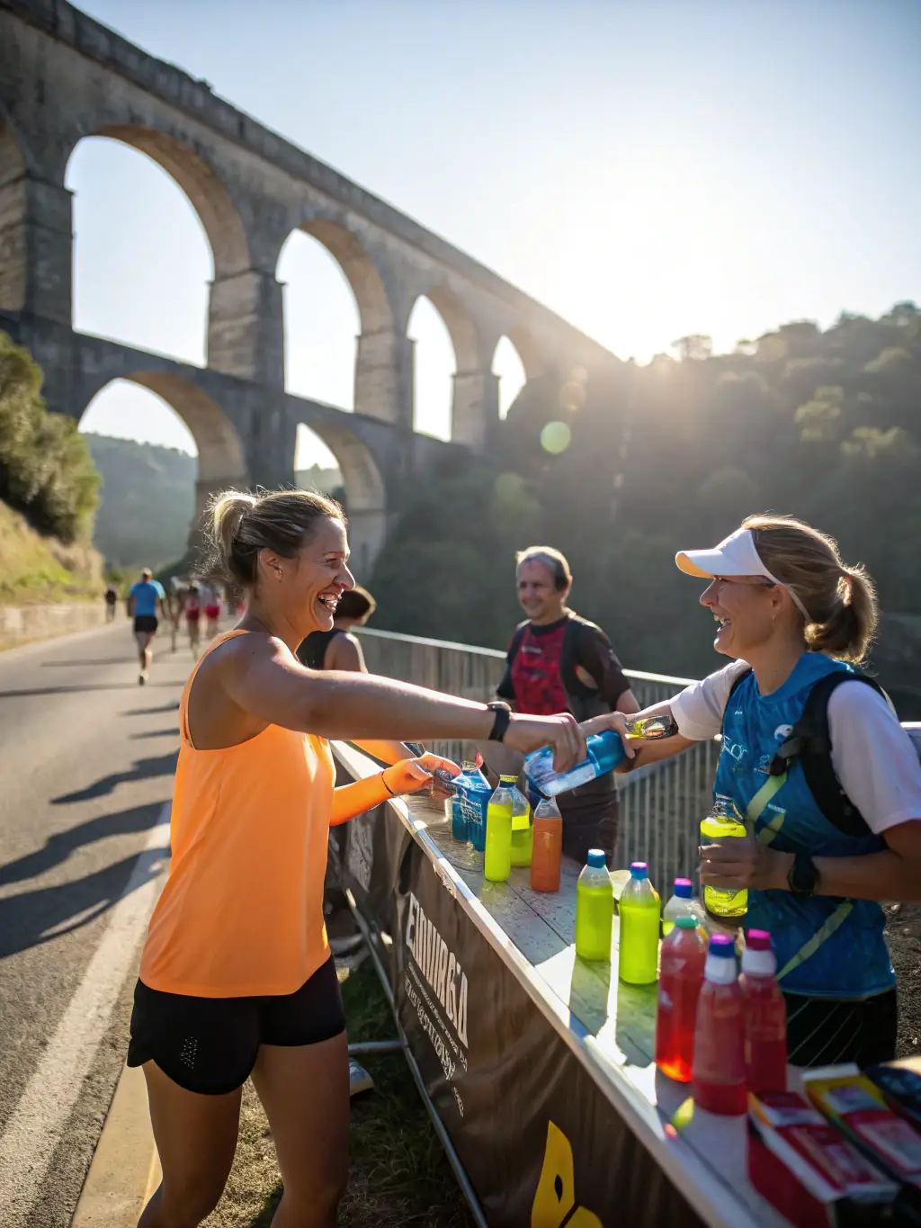 A festive outdoor event with runners at a starting line, colorful banners, and volunteers handing out water, capturing the excitement of a local trail race organized by the association.