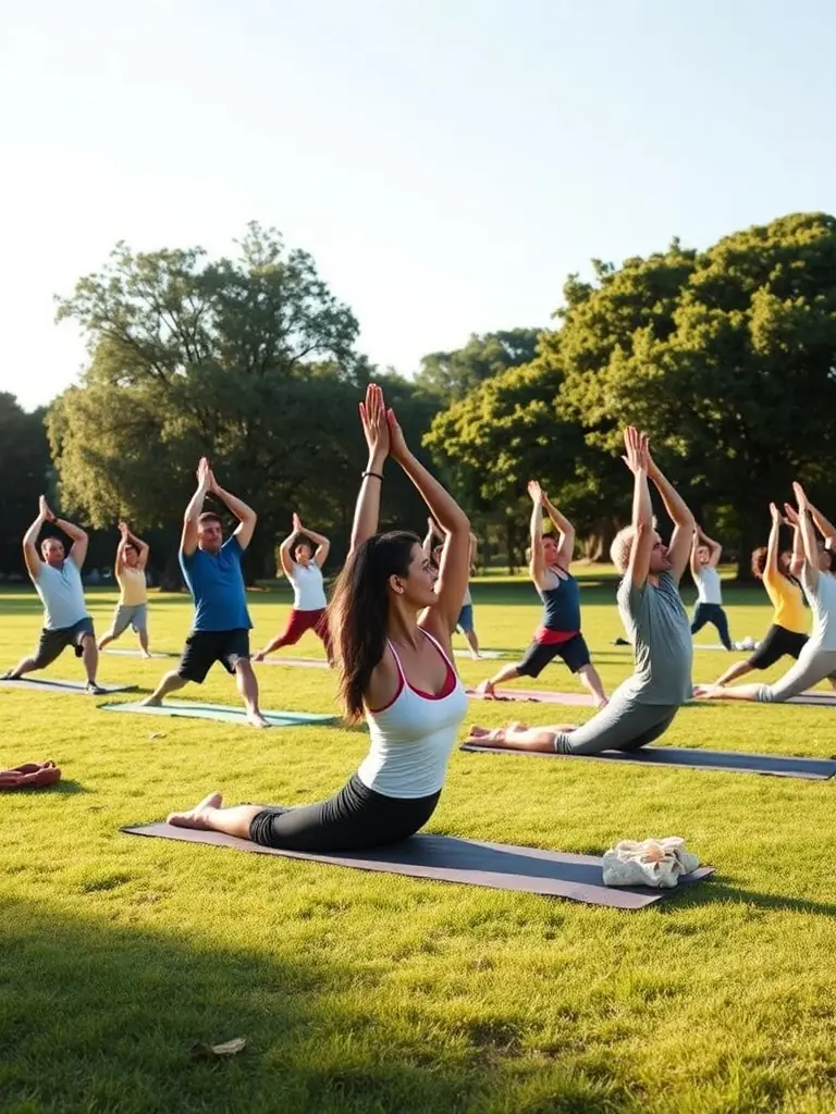 A close-up image of smiling participants stretching together before a run, with a scenic rural landscape in the background, emphasizing preparation and camaraderie.